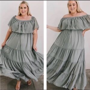 Baltic Born Plus Off-Shoulder Ruffled Tiered Maxi Dress Green size XXL